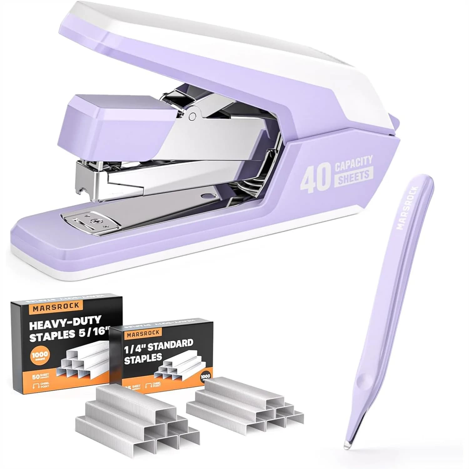 Cucitrice da Scrivania Senza Sforzo con Capacità di 40-50 Fogli, Cucitura con Un Solo Tocco, Design Ergonomico e Rimuovi Graffette Magnetico in Viola