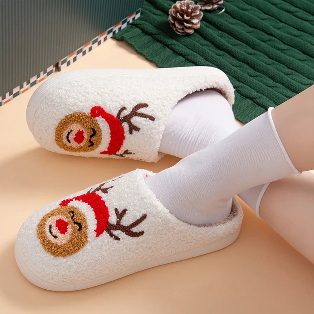 Pantofole natalizie in peluche di alce, comode e calde, scarpe da casa slip-on, pantofole con renna pelosa, morbide pantofole per coppia per camera da letto interna
