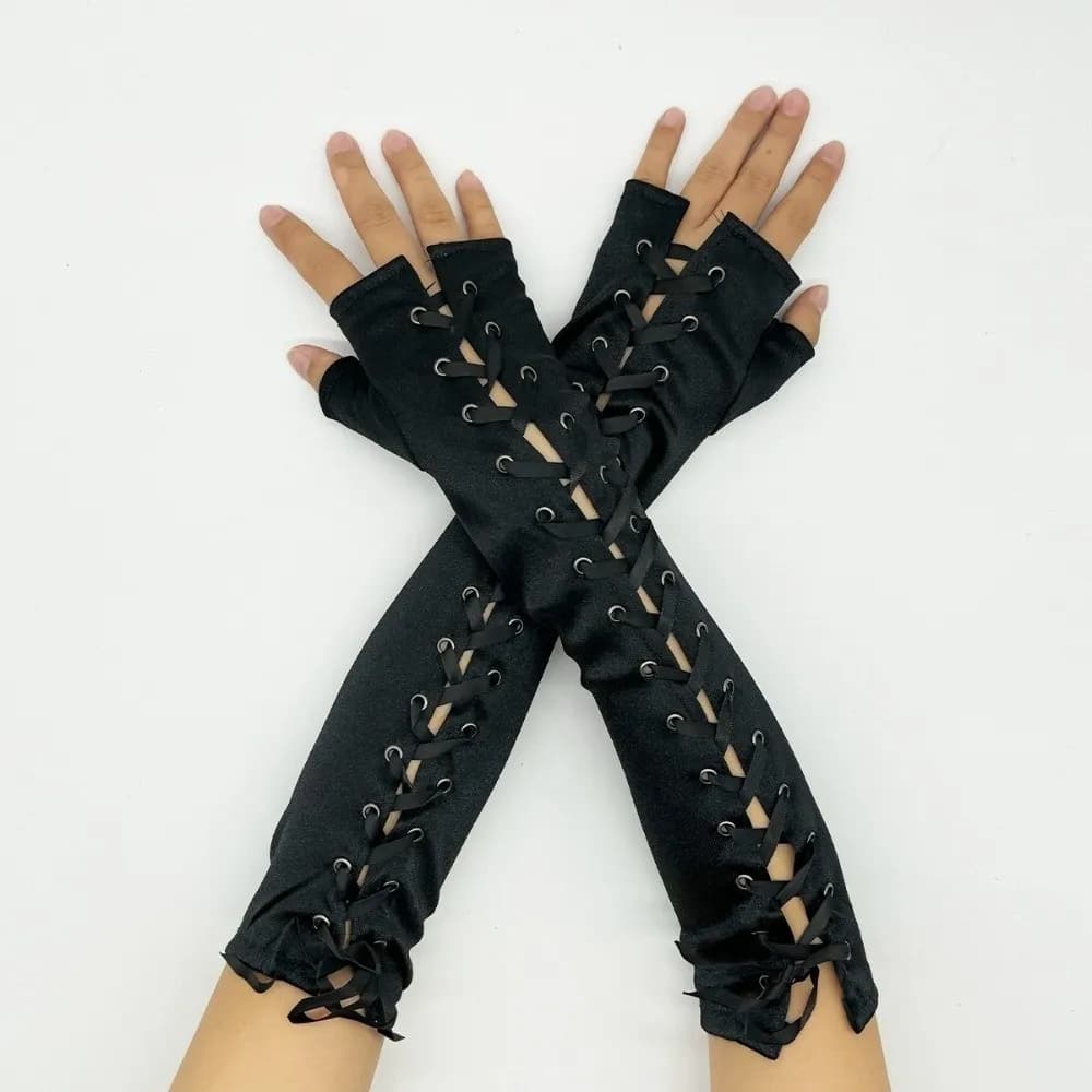 Sweet Long Ribbon Gloves Lolita JK Half Finger Gloves Cloth Gothic Women Gloves Women
