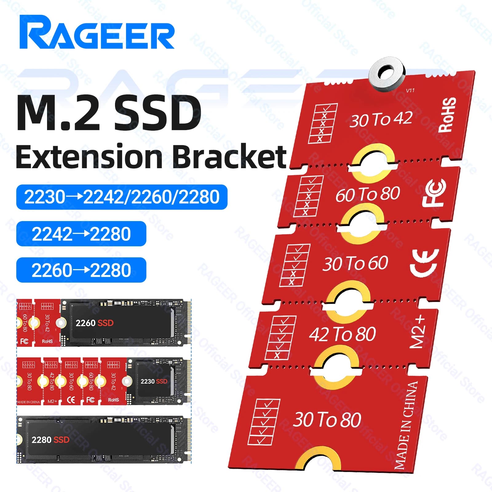RAGEER Staffa di Estensione per SSD M.2, Adattatore per Allungamento, Supporto per Scheda, Estende la Dimensione da 2230/2242/2260 a 2280