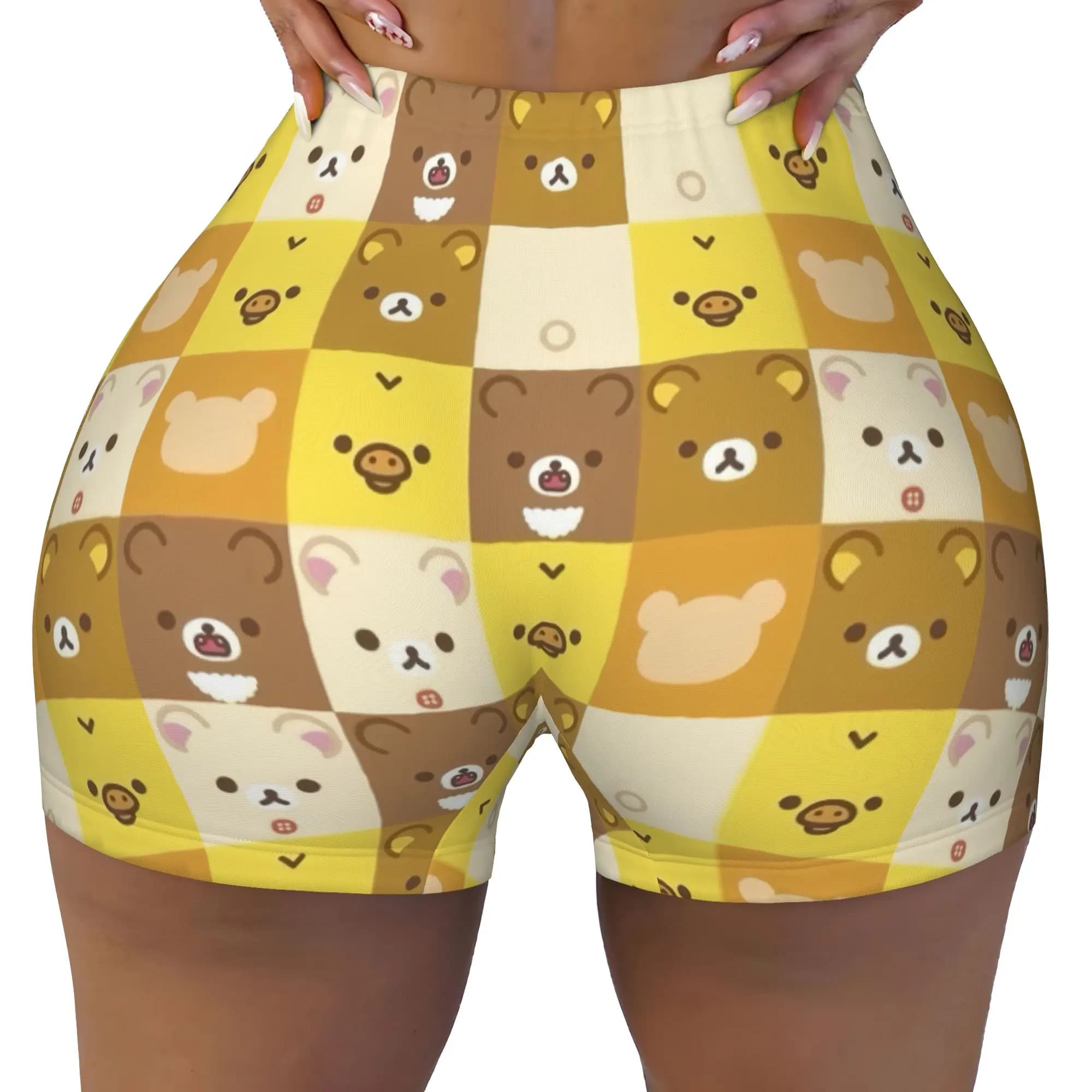 Rilakkuma Anime Checkered Plaid Workout Shorts Women's Cartoon Gym Volleyball Running Yoga Shorts