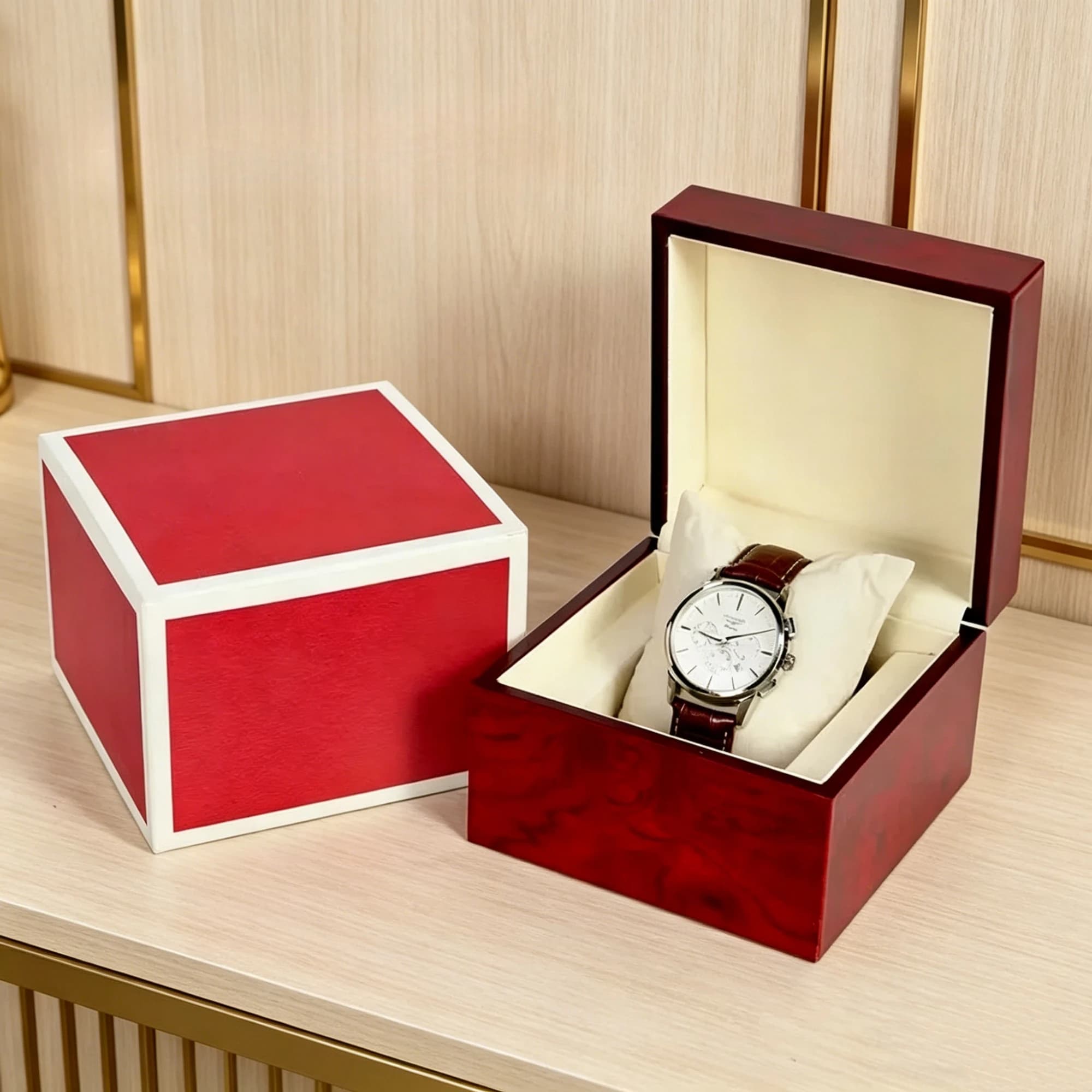 Elegante Scatola Porta Orologio in Legno Rosso e Pelle PU Lucida, Espositore Singolo con Cuscino Morbido, Confezione Regalo per Uomo e Donna