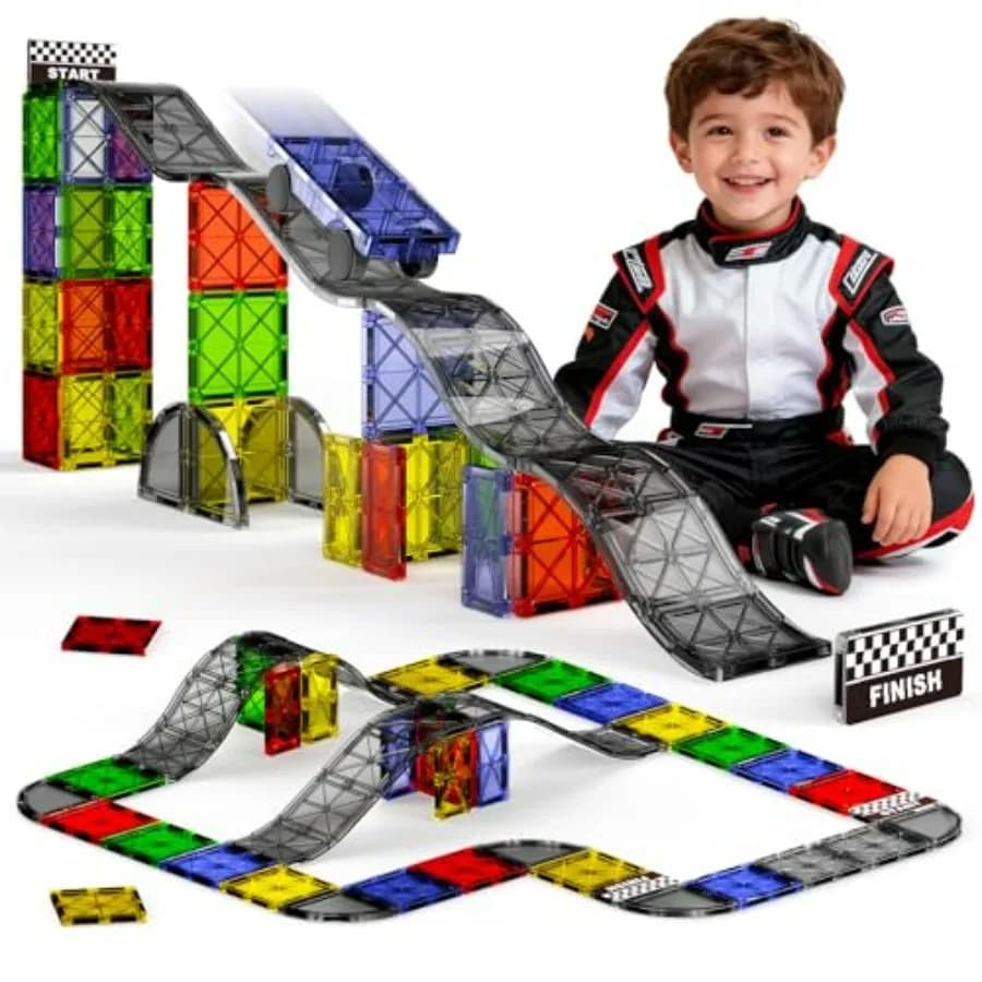 Set da Corsa Magnetico per Discesa in Pendenza, 40 Pezzi con Piste per Auto, Giocattoli Educativi STEM con Piastrelle Magnetiche per Bambini dai 3 agli 8 Anni, Giochi Montessori