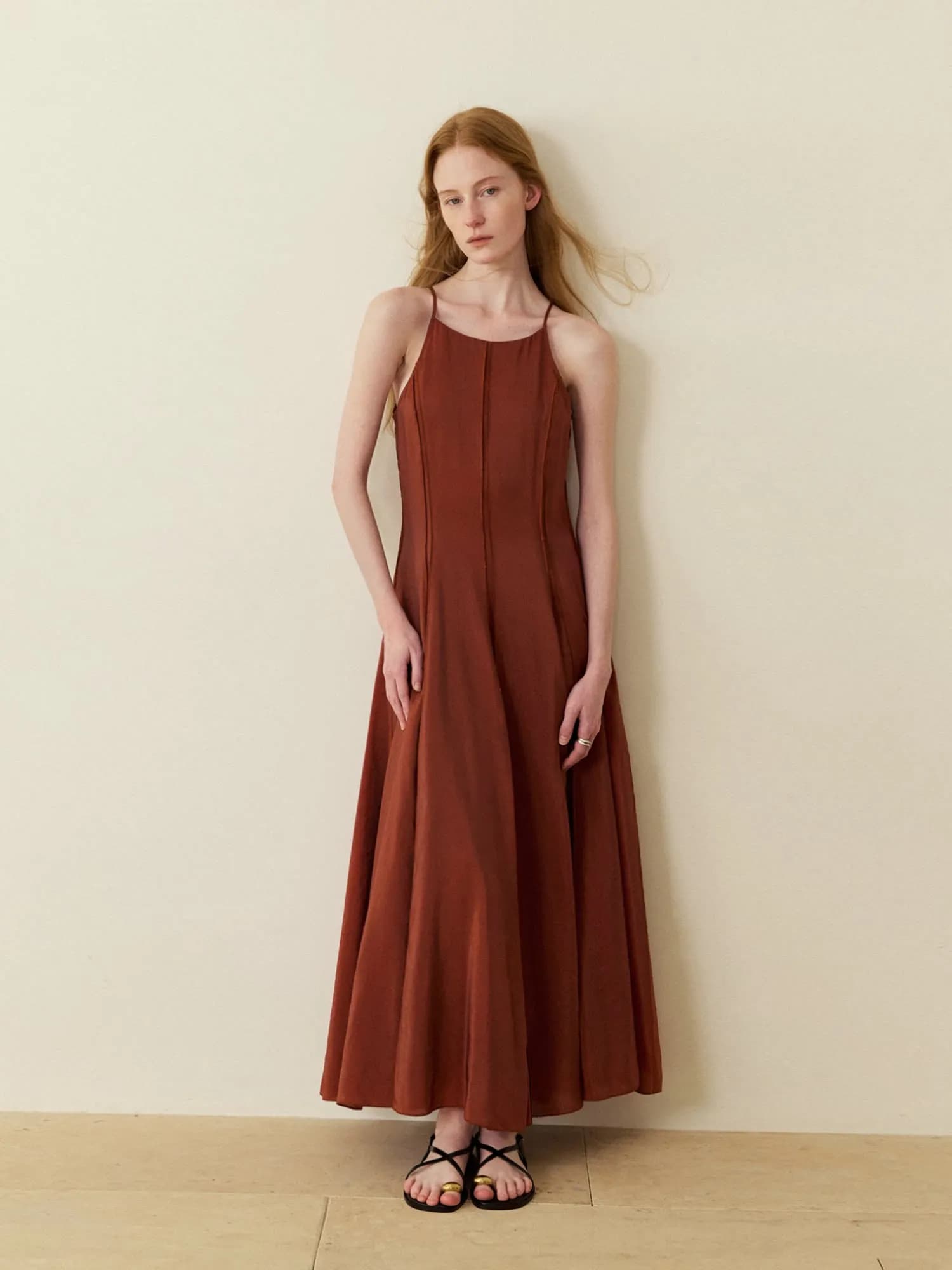 Abito con Bretelle in Seta Ammoniacale Lucida Color Rame, Elegante per Stratificazione, Abito con Ampio Svasatura per Vacanze da Donna