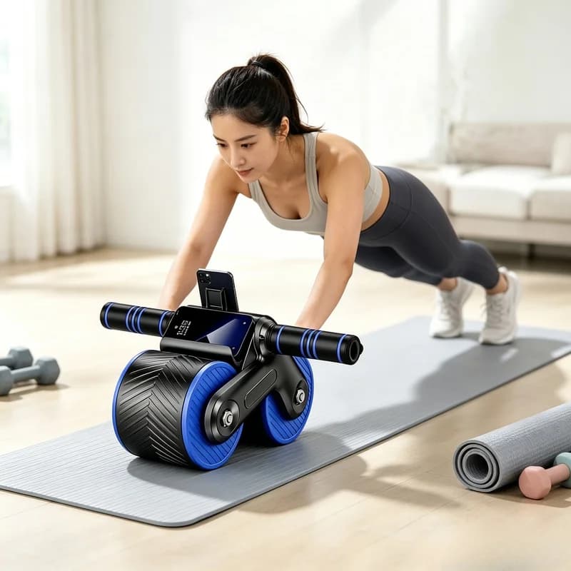 Auto‑Rebound Double‑Wheel Ab Roller with Phone Holder, Non‑Slip Stable Core Trainer, Home Fitness Equipment for Workout Newbies