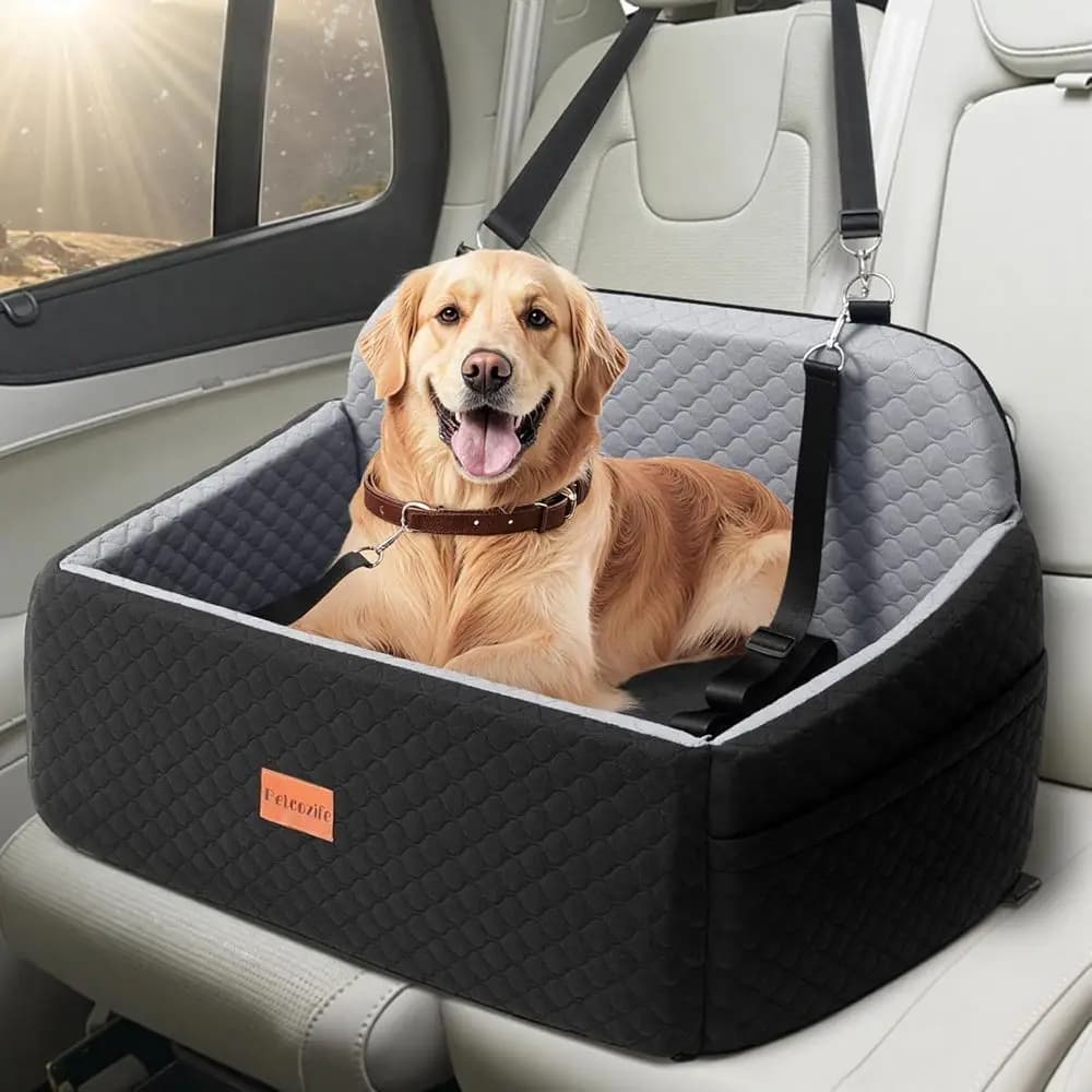 Pet Car Seat for Medium Dogs or Puppies Under 55 lbs, Removable Washable Travel Bed with Thick Cushion, 2 Safety Leashes