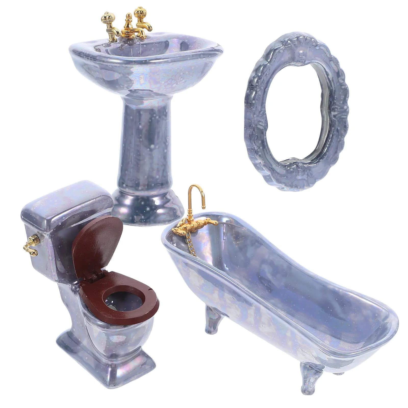 Set Miniatura Bagno Realistico: Vasca, WC, Lavabo e Specchio in Porcellana - Accessori Decorativi per Casa delle Bambole