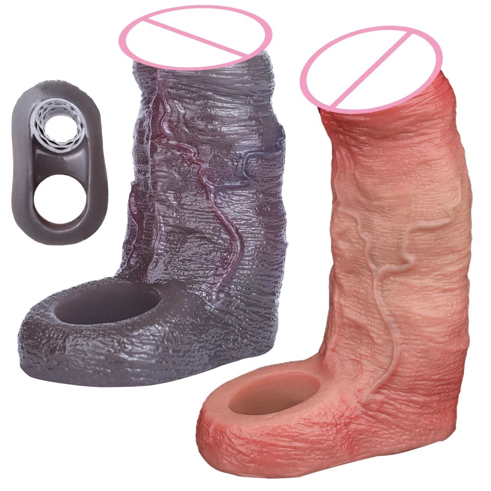 SXXY Guaina per Pene Realistica Nera e Color Carne con Design Aperto, Estensione Cava con Anello Antiscivolo, Giocattolo Sessuale Morbido Riutilizzabile per Adulti