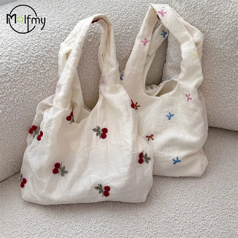 Designer Bags Luxury Cherry Embroidered Canvas Tote Bag Women's Shoulder Beach Vacation Handbag Style Soft Bolso Marca Lujo 2025