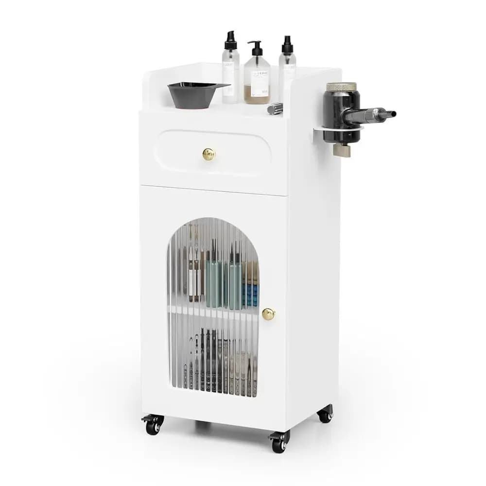 3-Tier Rolling Beauty Cart with Glass Door & Dryer Holder, Mobile Hair Styling Station or Barber, Spa, Esthetician, Nail & Tatto