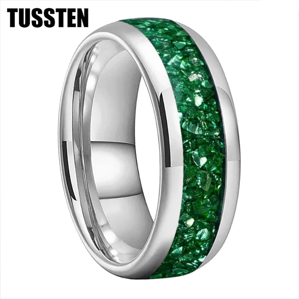 TUSSTEN 4/6/8MM Men's and Women's Wedding Tungsten Ring Green Crystal Stone Inlaid Comfortable Fit