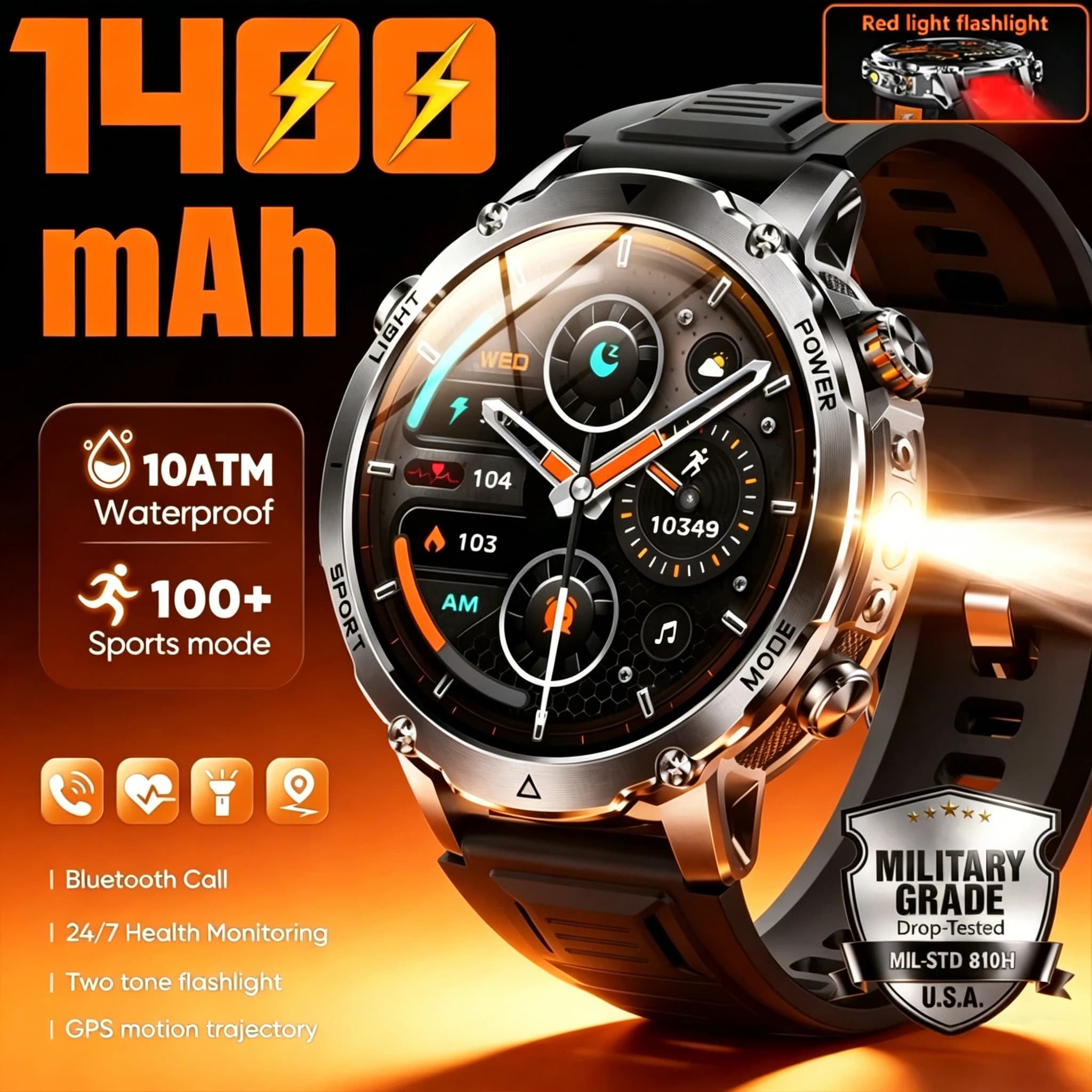 Autentico Smartwatch Militare da Esterno con Batteria da 1400mAh, Impermeabile 10ATM, Torcia Rossa e Bianca, Chiamate, GPS, Tracciamento per Uomo