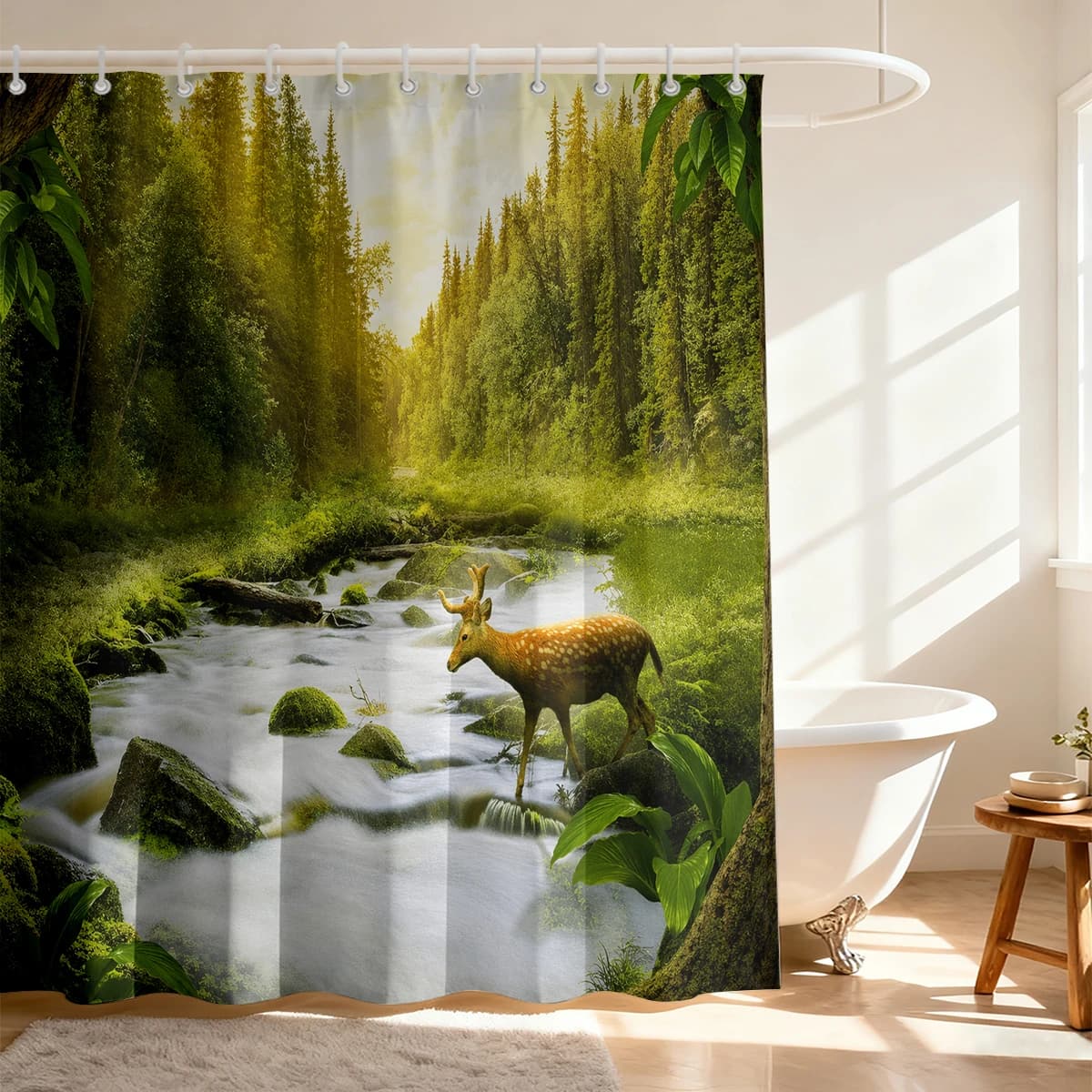 The waterproof shower curtain features deer landscape decorative painting of forest stream complete with hook,machine-washabl