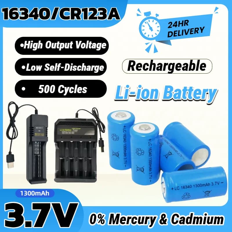 Batterie ricaricabili CR123A 16340 Batteria agli ioni di litio 3,7 V 1300 mAh con caricatore USB per torcia a LED, telecamera di sicurezza