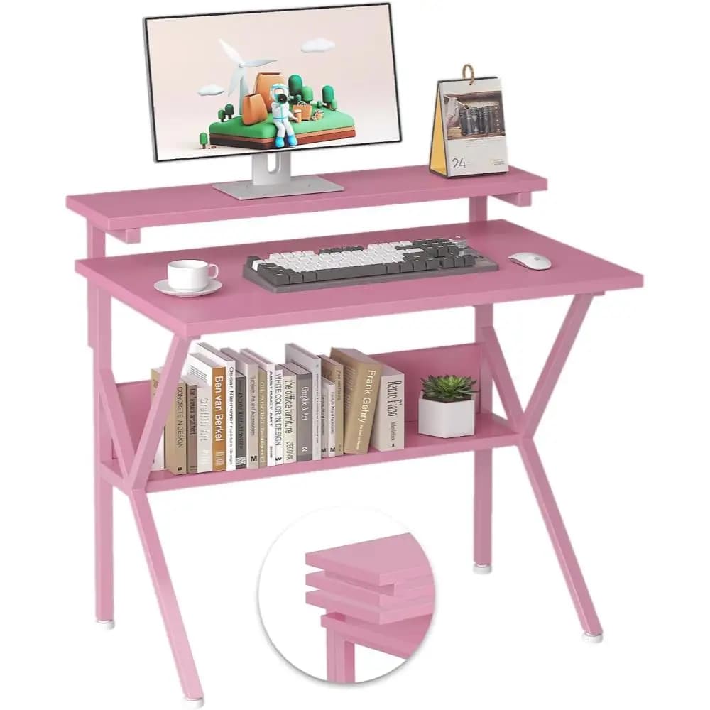Piccola scrivania, scrivania per computer da 27,5 pollici per spazi ristretti, scrivanie per computer con supporto per monitor regolabile, scrivanie compatte con S