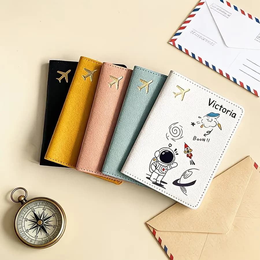Personalized Text Name Fashion Passport Holder, Cute Cartoon Astronaut Design, Flip-Open Style for Easy Use, Travel Essential