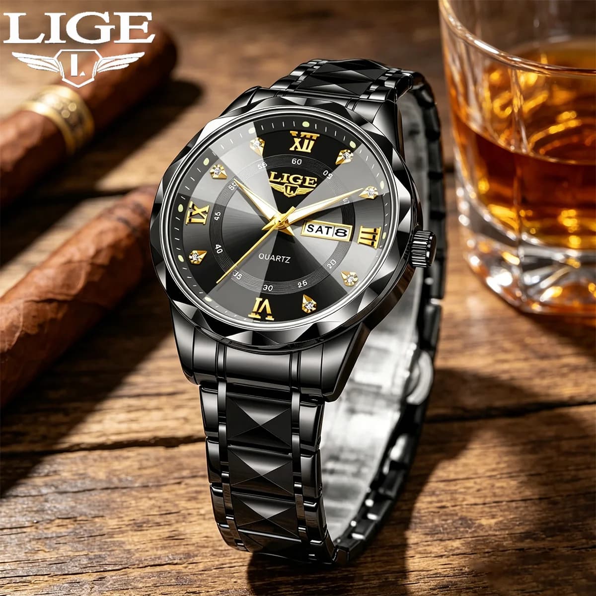 Orologio da Polso LIGE Oro Nero da Uomo di Lusso Impermeabile Luminoso con Data e Giorno della Settimana, Orologio da Uomo al Quarzo in Acciaio Inossidabile, Reloj Hombre
