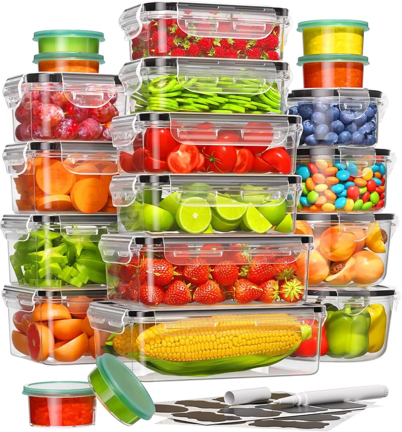 Set di 40 Contenitori per Alimenti con Coperchi, in Plastica Senza BPA, Ermetici, Include Etichette e Penna