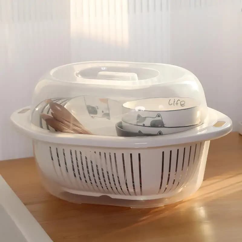 2026 New Small Household Sink Basket Dish Drainer Rack with Cover And Water Collection Basin 3 in Dishware Drainage
