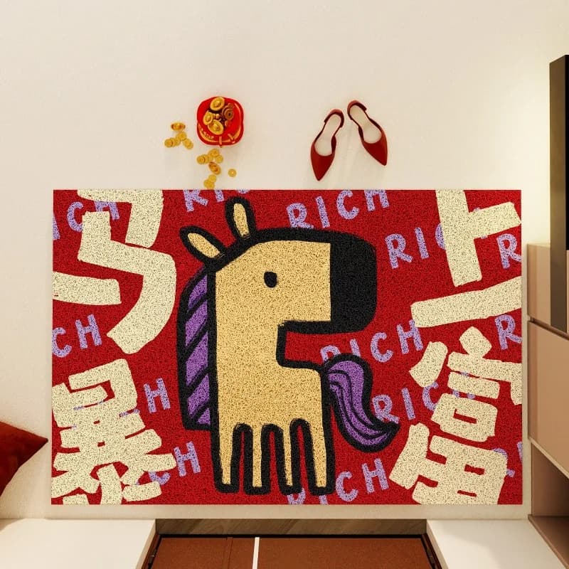 2026 Horse zodiac carpet with Chinese text rich and fast Background Red Animal Cartoon for Home Decoration New Year Lucky Mat