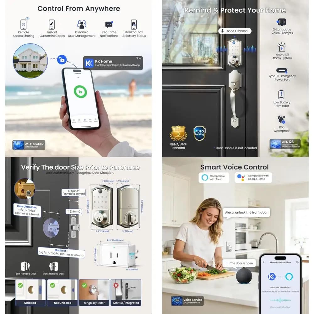 Serratura Intelligente Senza Chiave con Impronta Digitale e Touchscreen, Chiusura Automatica, Porta di Alimentazione, Finitura Nichel Satinato