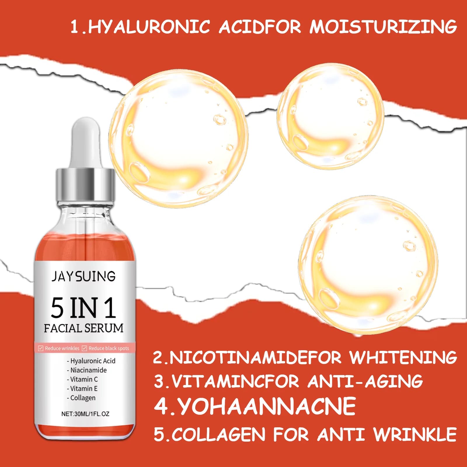 Siero Viso 5 in 1 with Hyaluronic Acid and Vitamin C 30ml - Hydrating Illuminating Shrimp Reduces Subtle Rugs