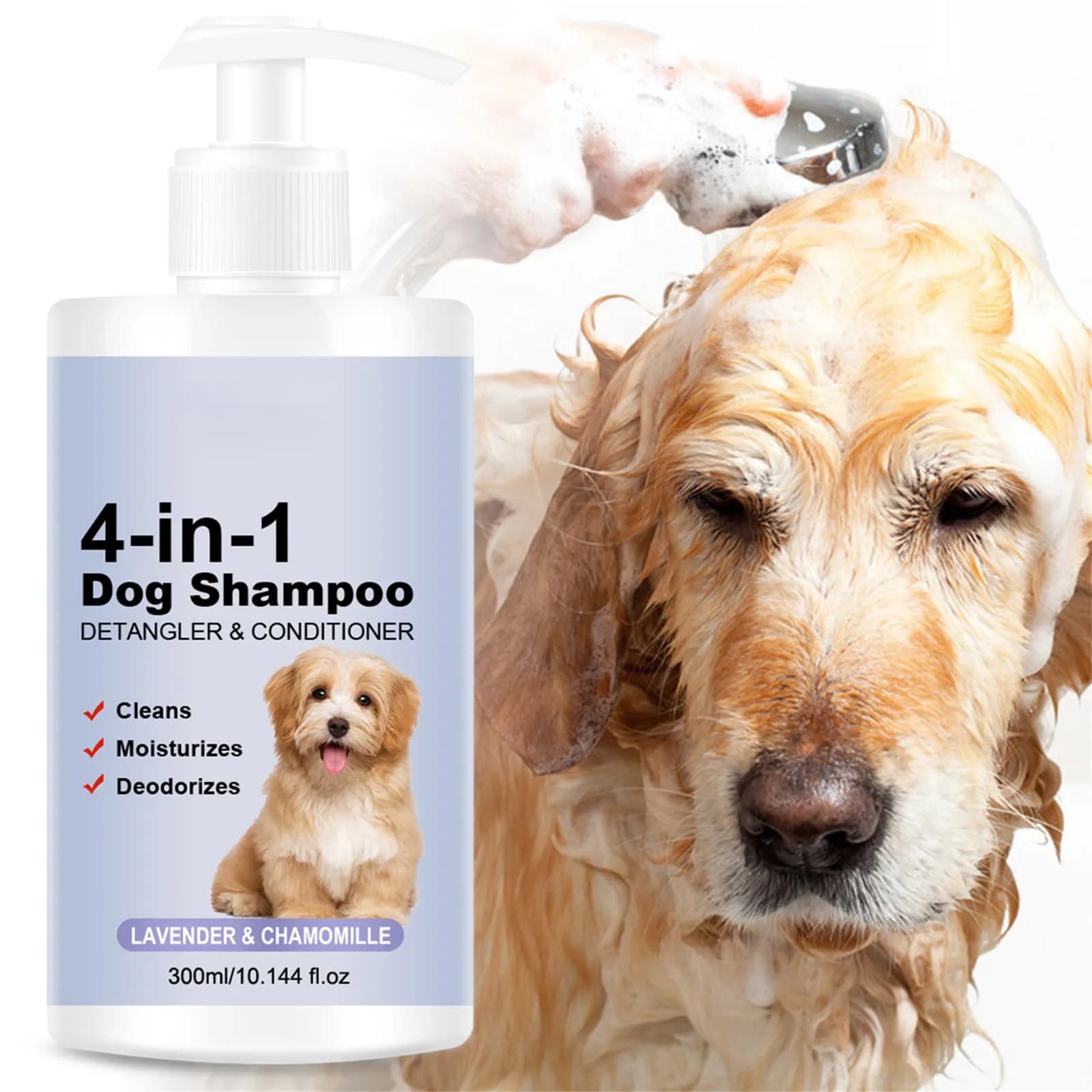 Shampoo calmante per cani 4 in 1 - Pulisce, condizioni, lisci, idrata con lavanda e la camomilla - Formula adatta agli animali domestici (300 ml)