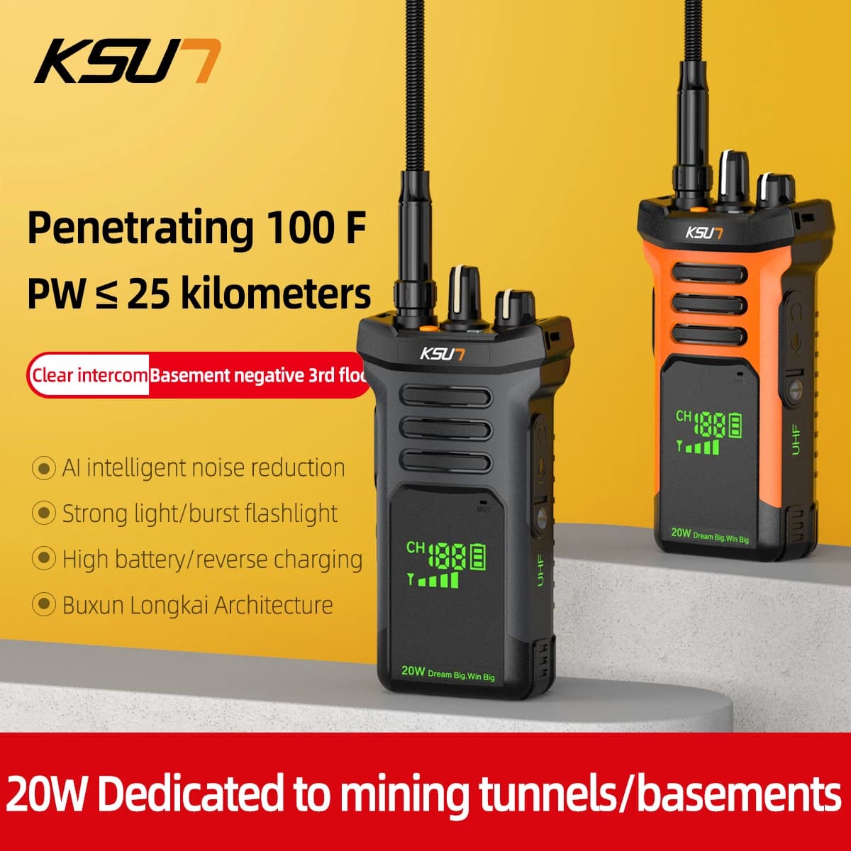 Walkie Talkie professionale da 20 Watt a lungo raggio potente Radio UHF portatile per dispositivo Wireless ricetrasmettitore progetto sotterraneo