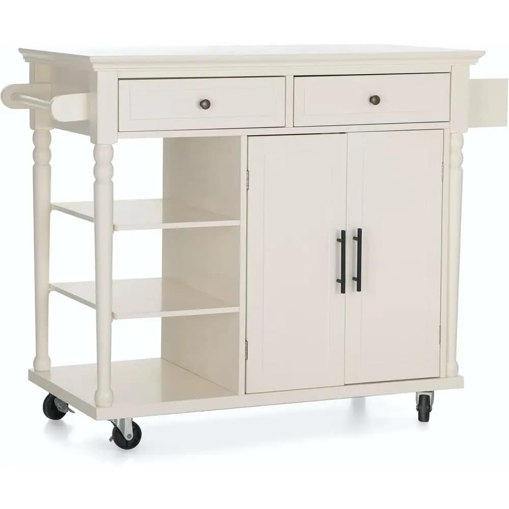 Carrello da Cucina Mobile Avorio con Ripiani Aperti, Portasciugamani e Portaspezie per Stoccaggio e Servizio Portatile