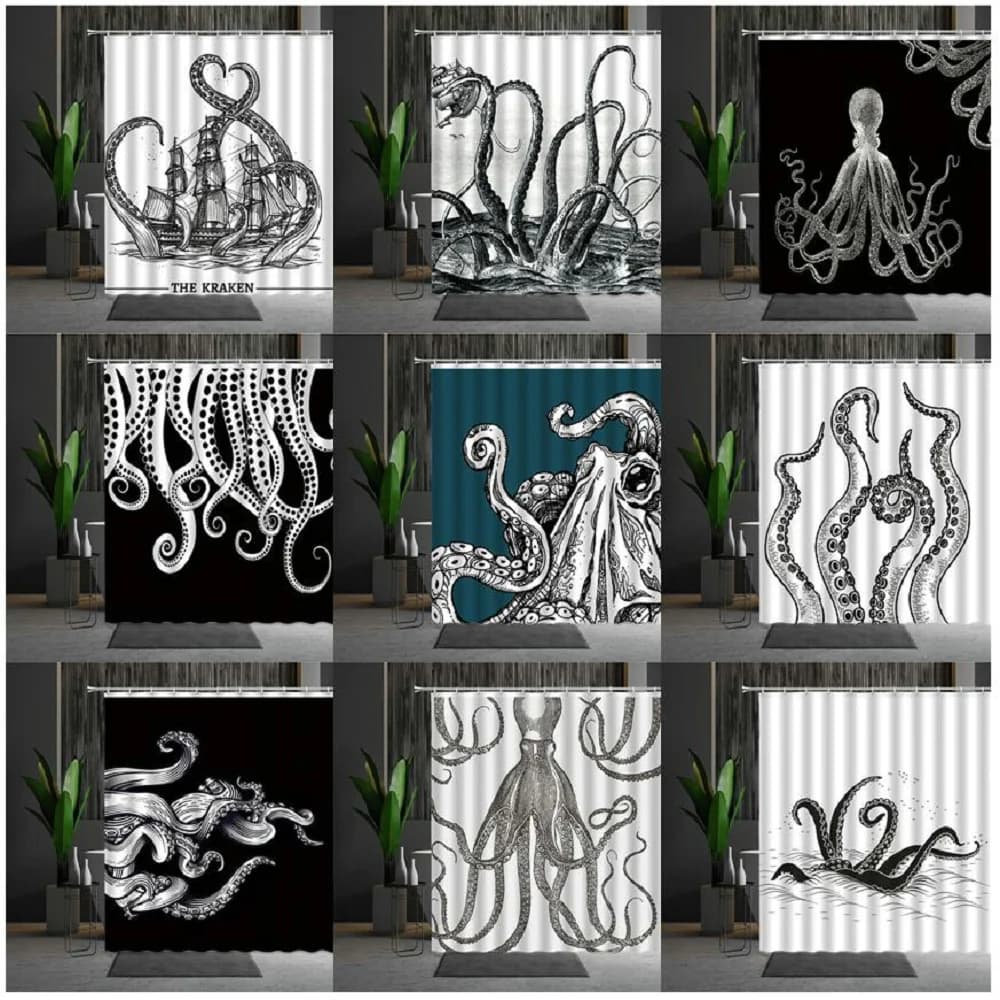 Divertente mostro marino Polpo Tenda da doccia Organismo marino Tentacolo Tende da bagno in stile bianco e nero Decorazioni per il bagno Gancio in tessuto