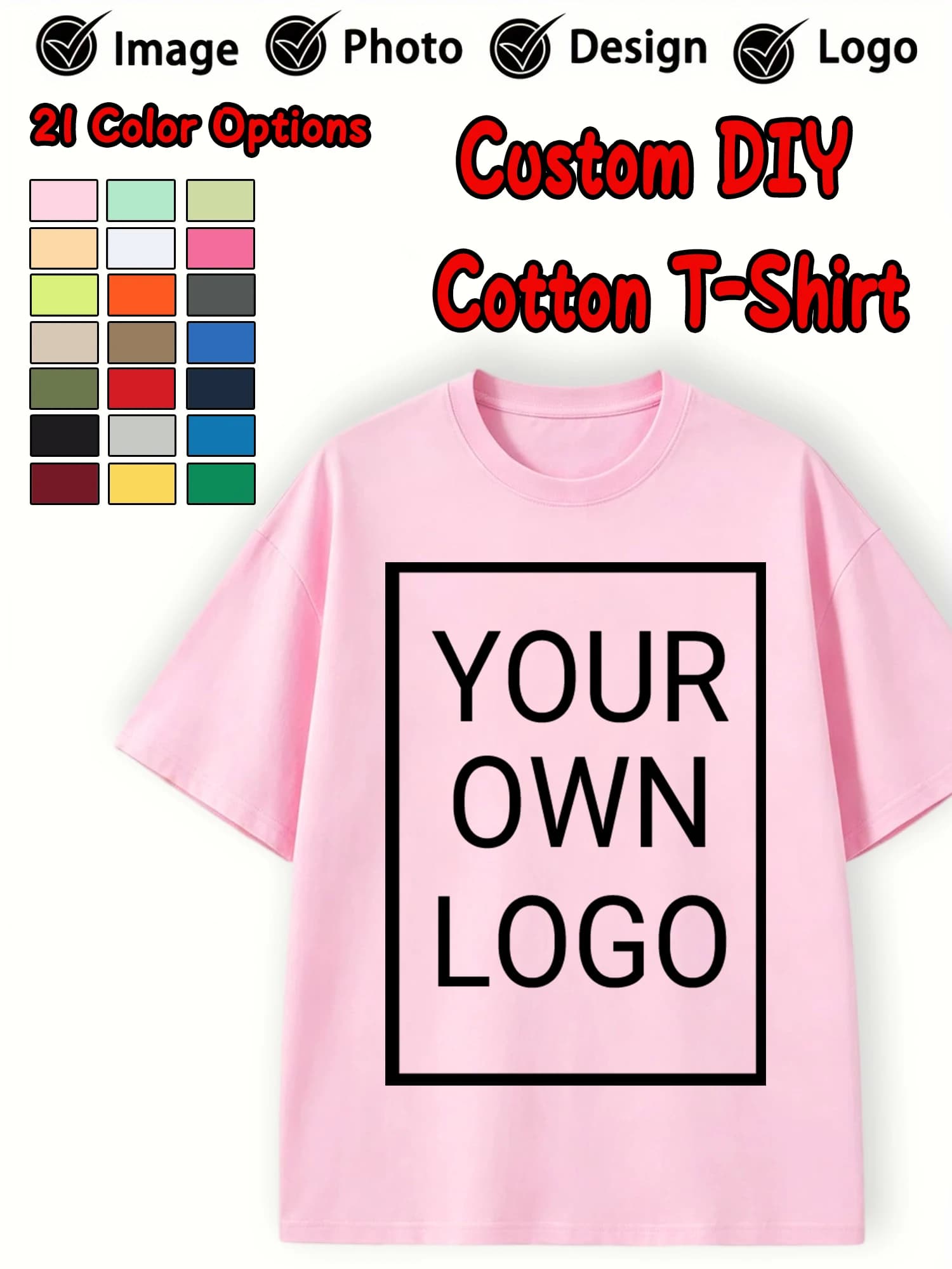 21 Color Custom Logo Picture 100% Cotton Summer Women T-Shirt Y2K Oversized Short Sleeves Breathable T Shirts Crewneck DIY Tops