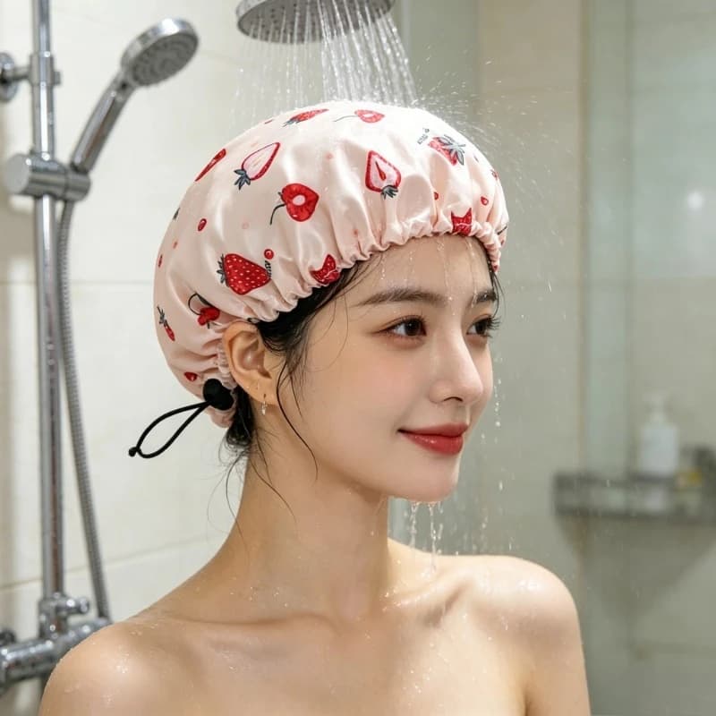 Cuffia da doccia regolabile a doppio strato stampata, impermeabile e resistente all'olio, per adulti, bambini e donne, protezione quotidiana dei capelli in bagno