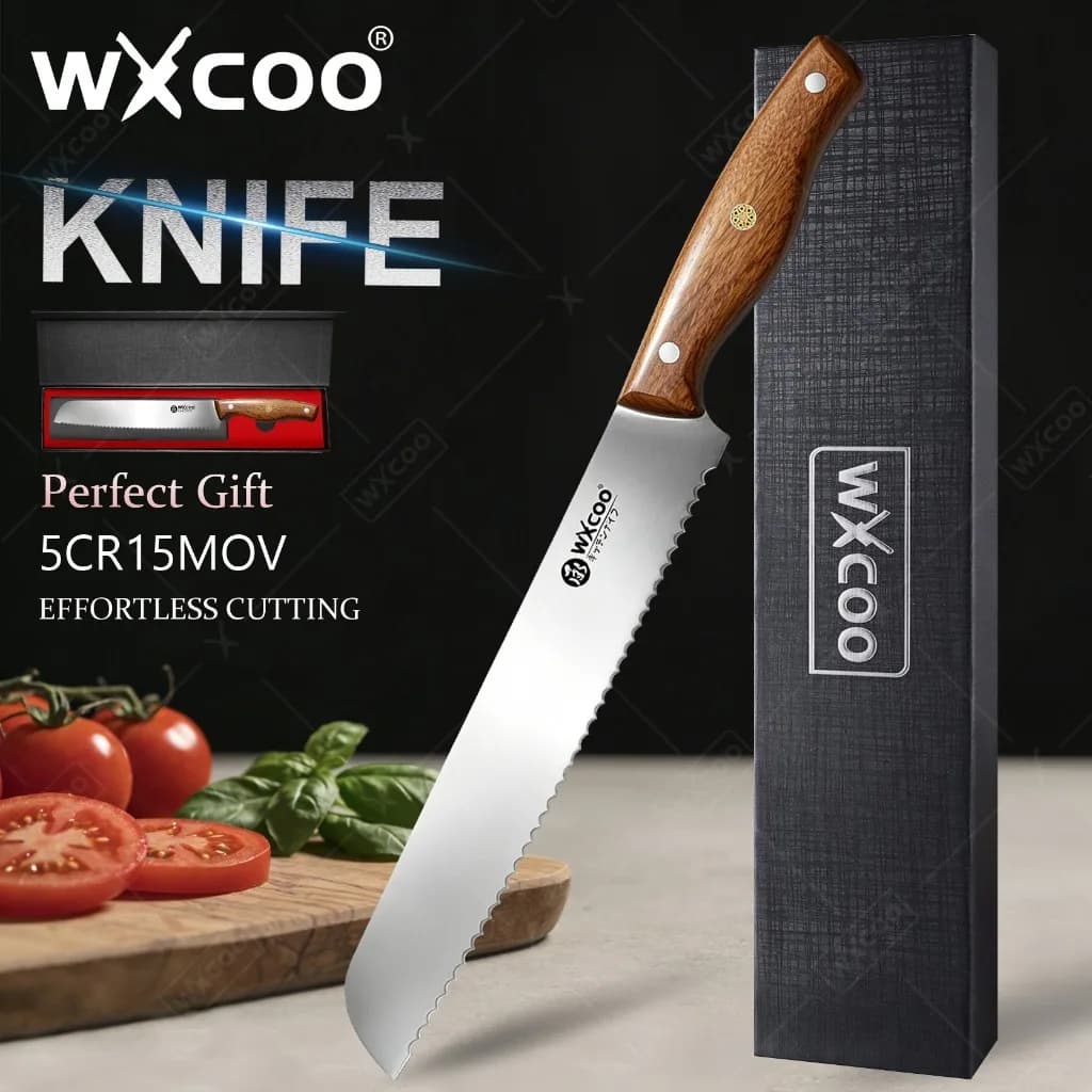 WXCOO Coltello da Pane 9.2 Pollici in Acciaio Inossidabile, Lama Seghettata per Pane Fatto in Casa, Bagel, Torte