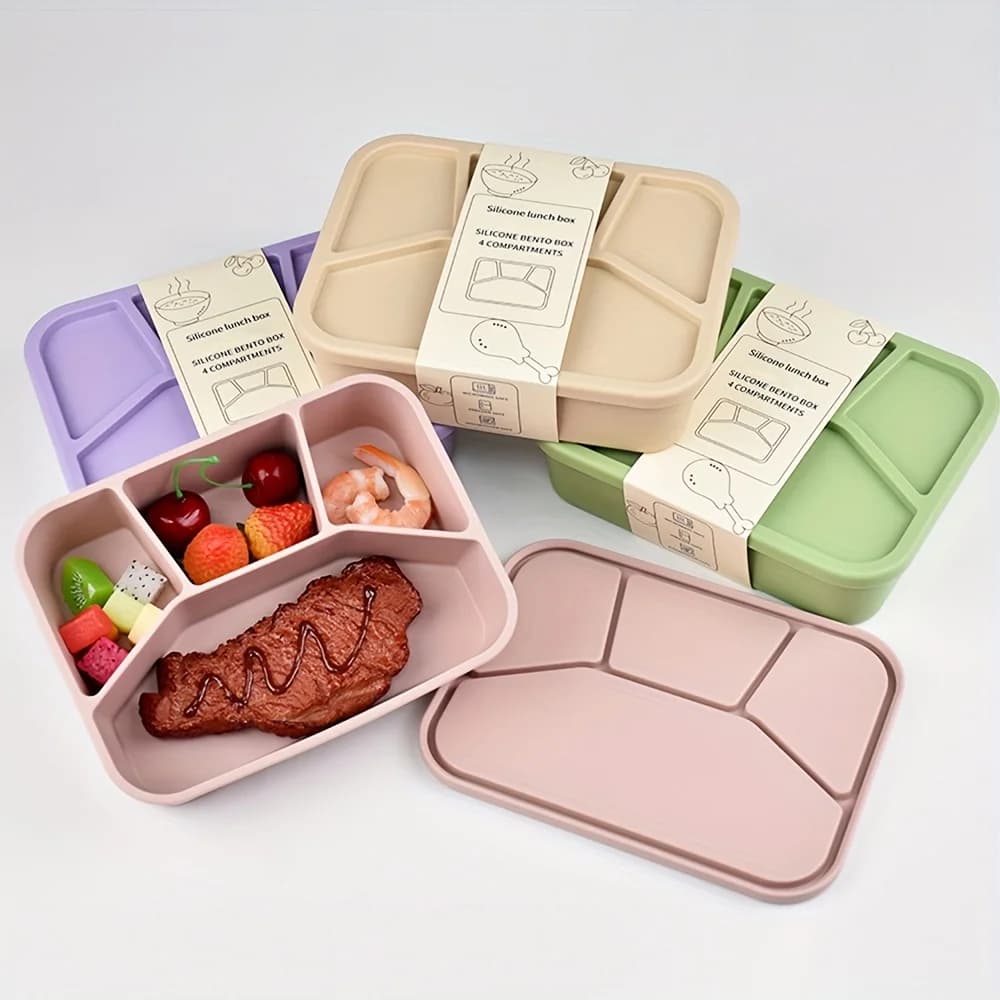 Contenitore Bento in Silicone, 4 Scomparti, Ermetico, Riutilizzabile, Portatile per Ufficio e Campeggio