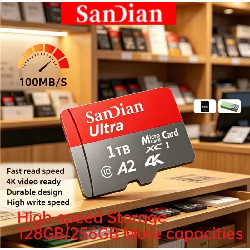 100% Original Mini TF Card Reader + 128GB Original Memory Card – U3 High Speed Micro TF/SD Card for Camera, Phones, Tablets