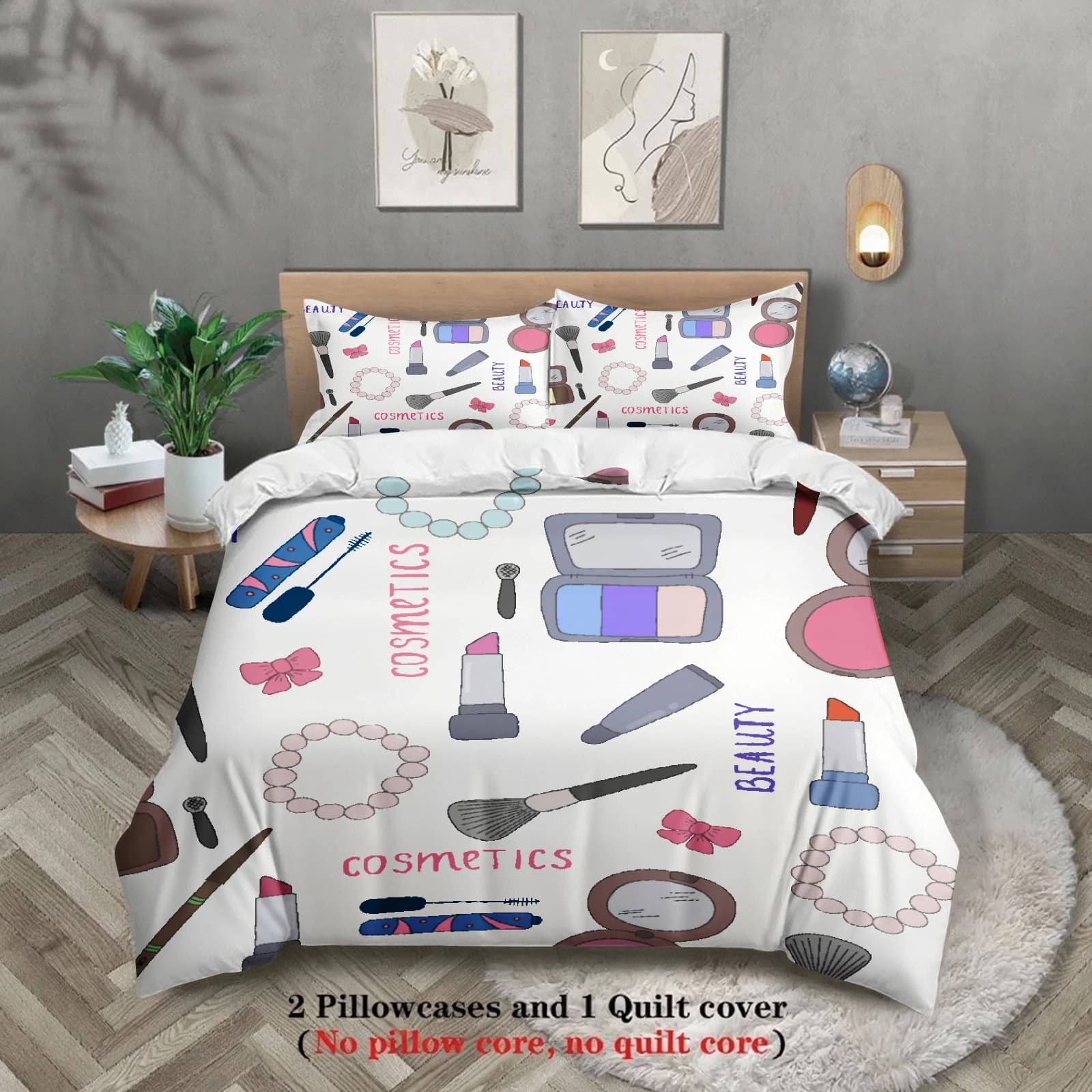 Set of bed linen with cosmetic and beauty motif, 3 pieces, 3D printed cushion cover set with pillowcase, without padding