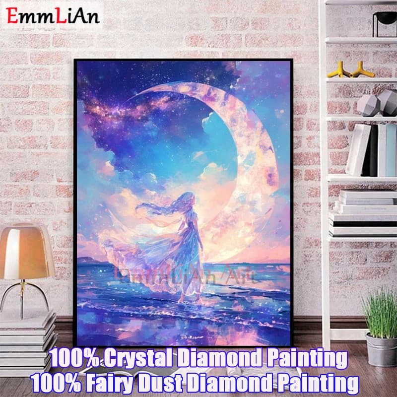 DIY Diamond Art Moon 100% Fairy Dust Diamond Painting Japanese Cartoon Girl Cross Stitch Embroidery 5D Diamond Mosaic Home Decor