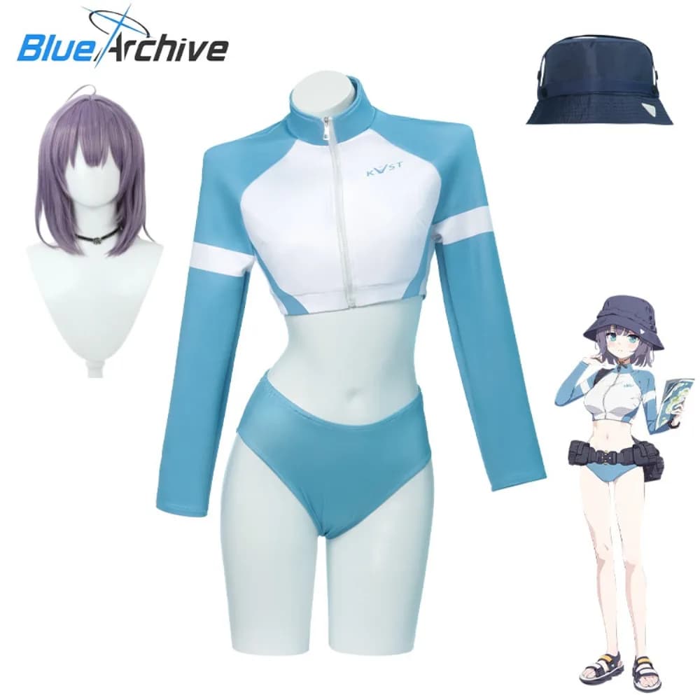 Blue Archive Saki Sorai Swimsuit Cosplay Costume Blue Top Shorts Hat Accessories Adult Women Summer Beach Halloween Comic Con