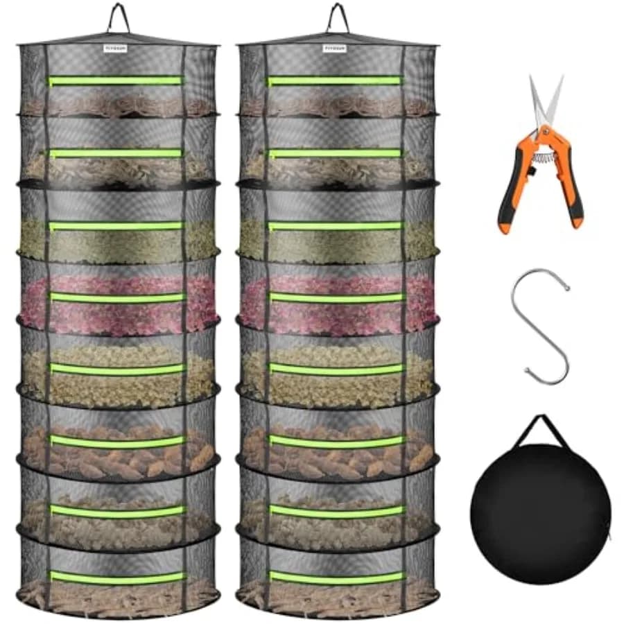 Net rod with hanging design and green hinges for dehydration, for indoor and outdoor use, pruning shears included
