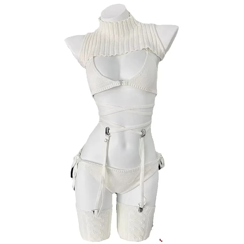Completo Body Lingerie Erotico Sexy Gotico Bianco Traforato con Calze e Giarrettiere, per Cosplay e Feste, Uniforme da Donna