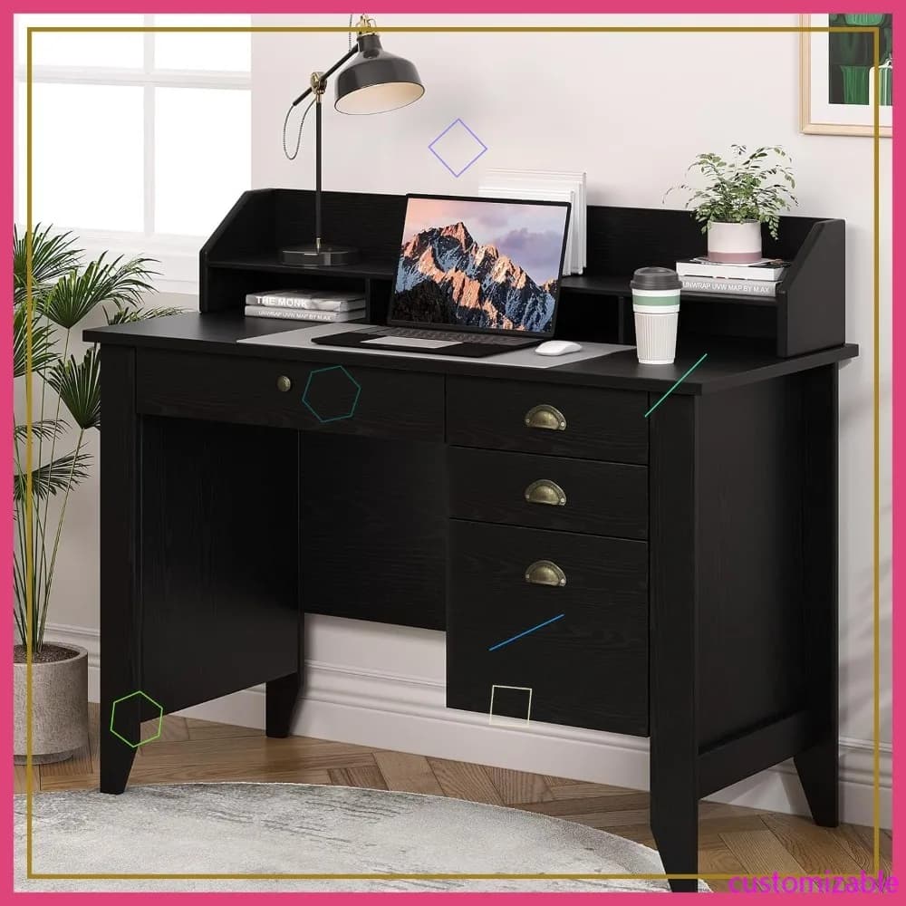 Black Wood Desk with 4 Drawers and Monitor Support, Small Computer Desk for Home Office, Desk with Storage Space