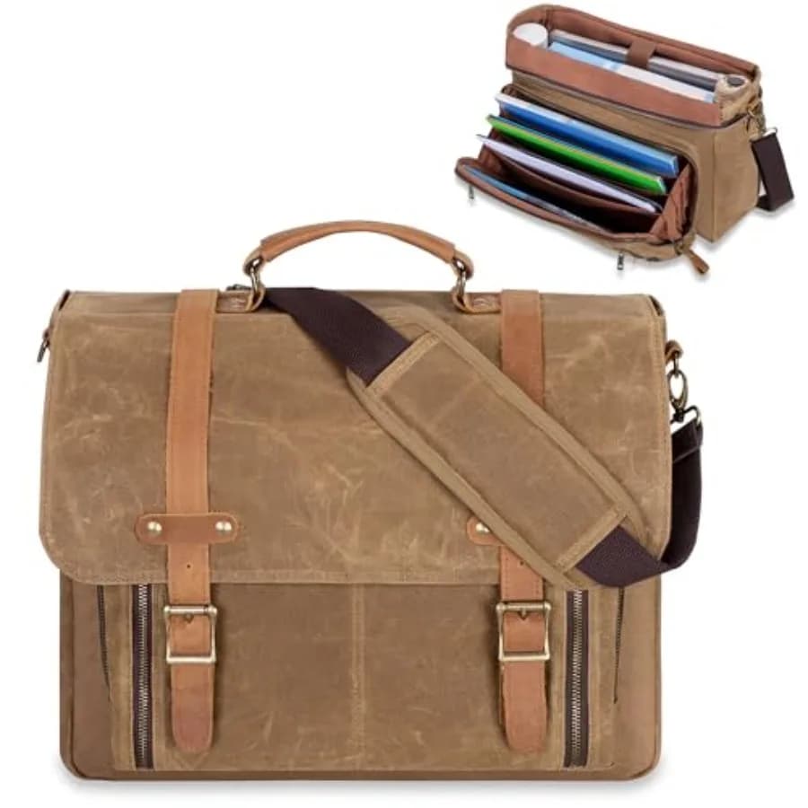 Borsa a tracolla da uomo YARWO con cartella a fisarmonica, in pelle vintage e tela cerata, adatta per laptop da 17 pollici, impermeabile, a tracolla