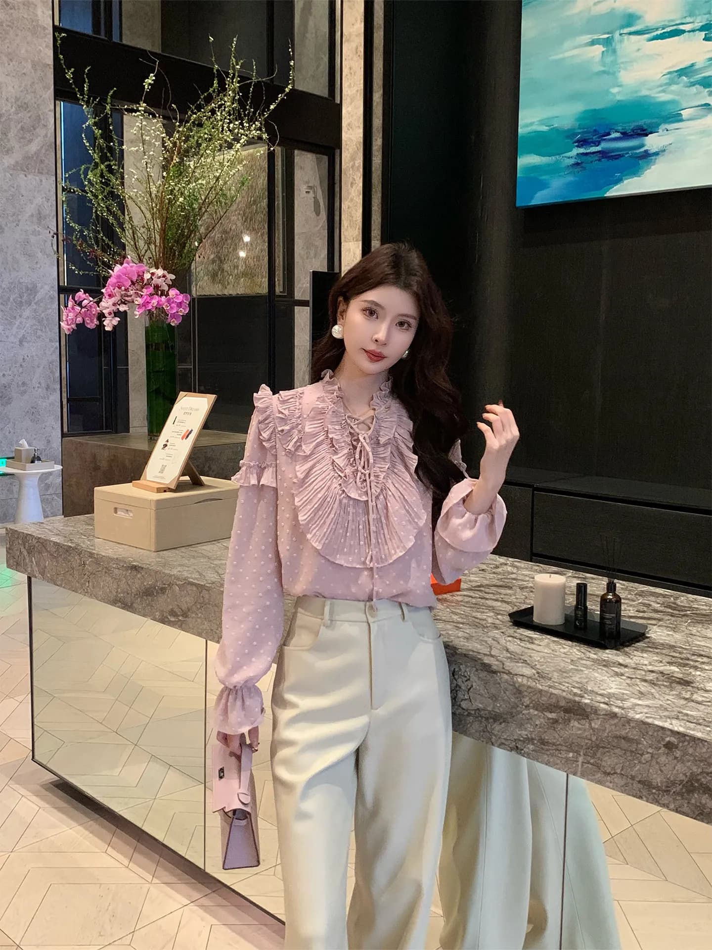 Nuova Blusa Casual da Donna in Chiffon Rosa con Scollo a V, Elegante e Snellente, a Maniche Lunghe, per la Primavera