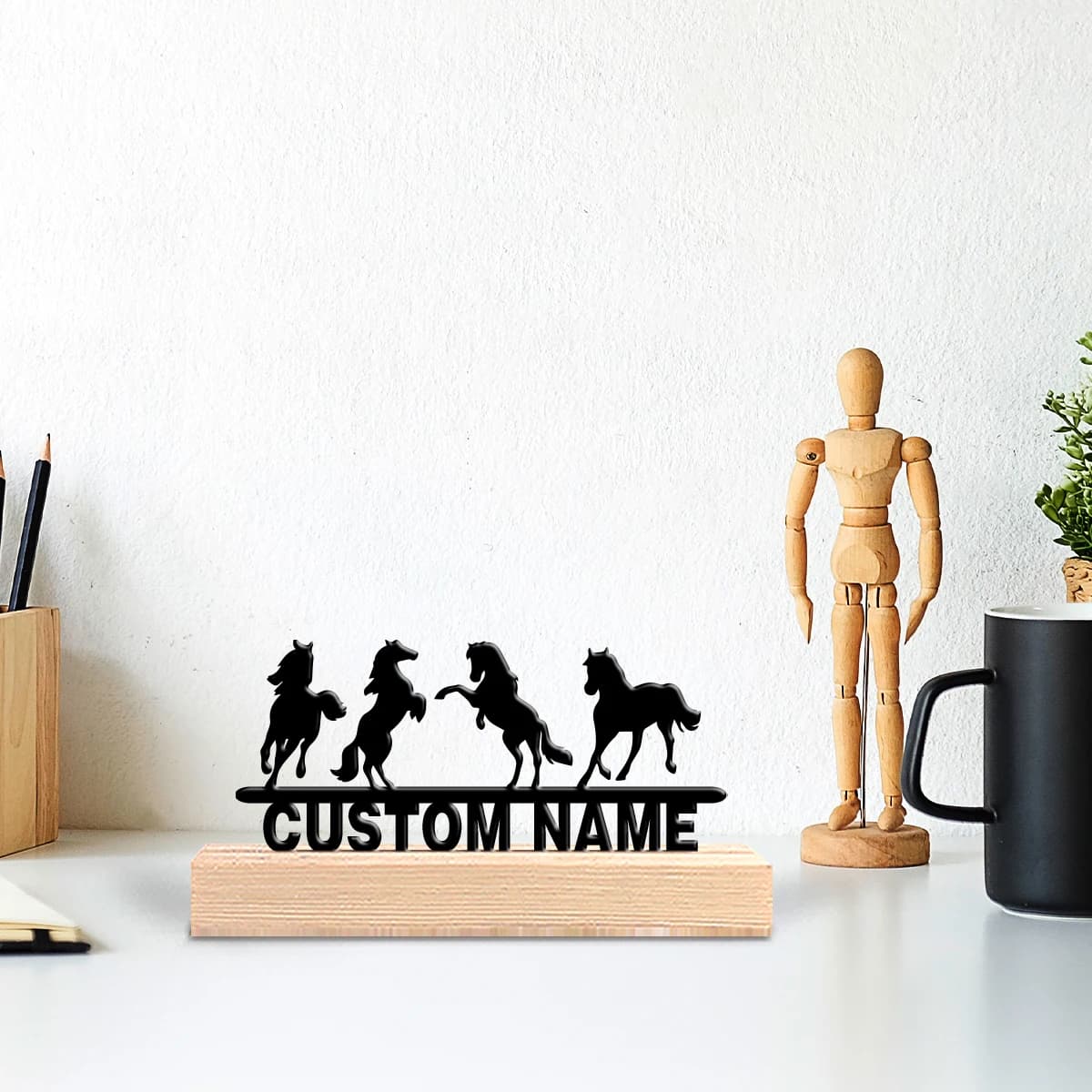 1 custom metal statue with four horses and wooden base, table decoration, rustic style wall decoration with wooden frame, P