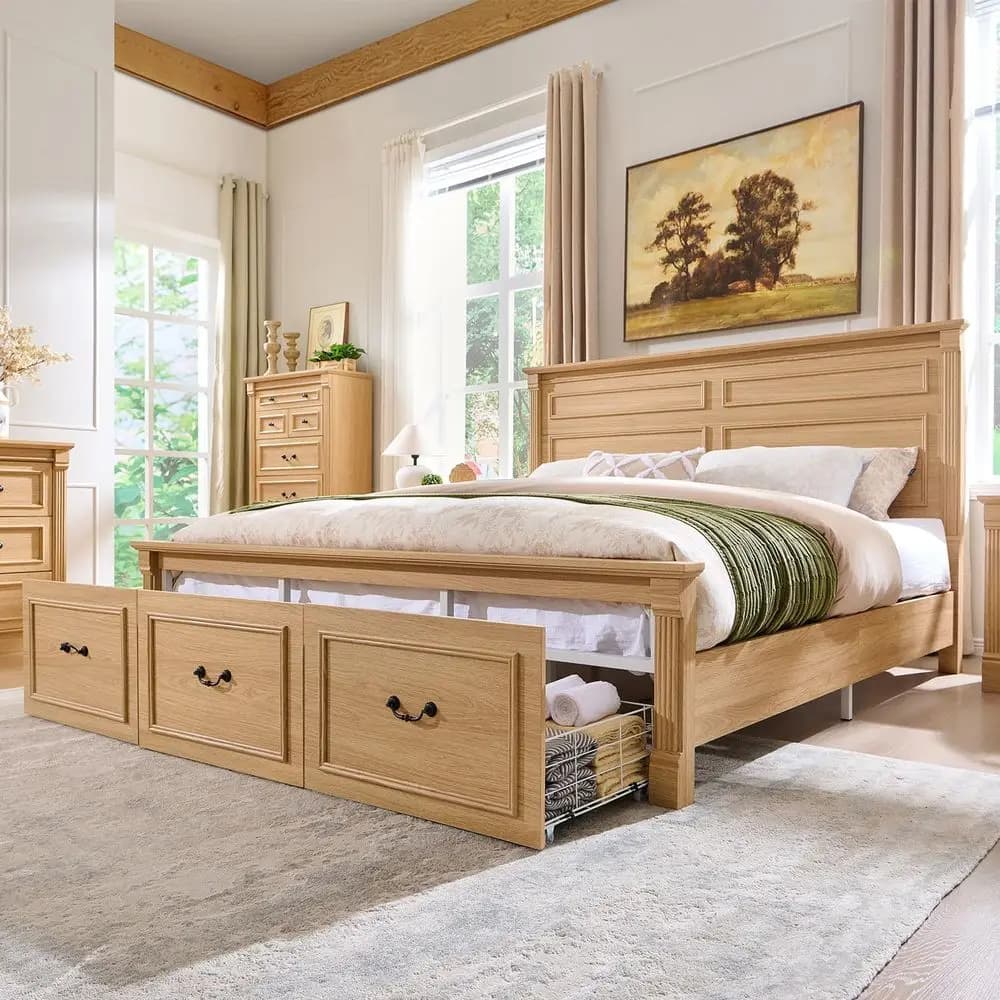 King king size bed in natural wood with 51 cm high headboard, 20 cm high column decorations, 3 container drawers, no spring net required