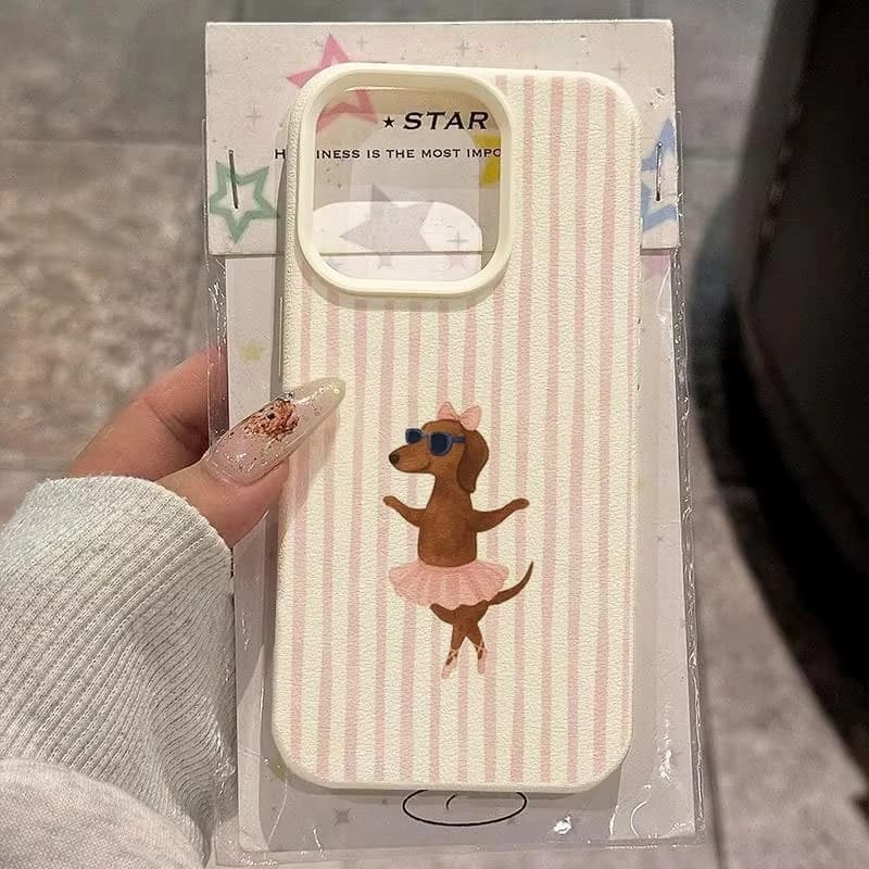 Striped Ballet Sausage Dog Pattern Lychee Texture Phone Case For iPhone 17 Air 16 E 15 14 13 12 11 Pro Max Plus SE Soft Cover