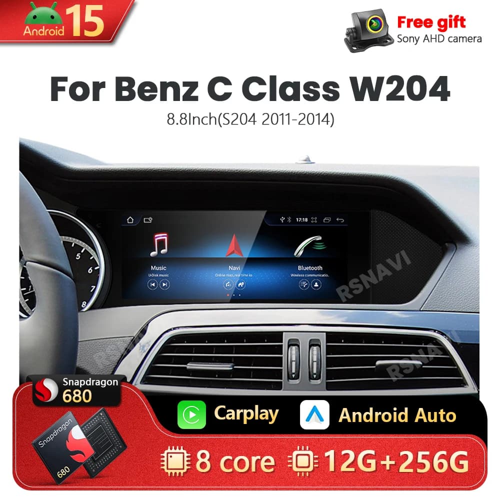 Android 15 Wireless CarPlay Auto For Benz Class C W204 2011-2014 Autoradio Multiledia Video Players Qualcomm Snapdragon 680
