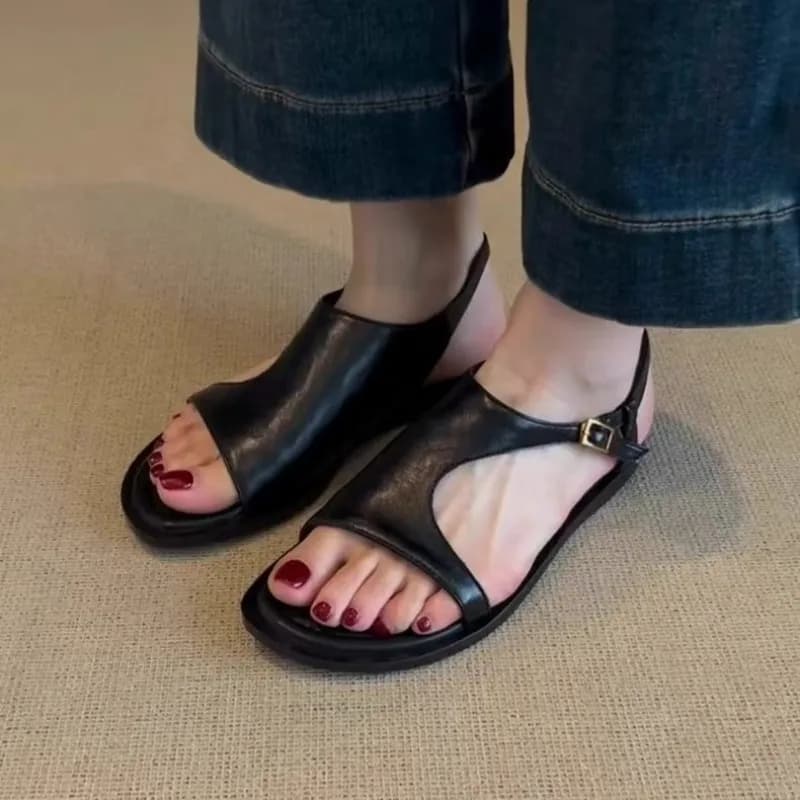 Vintage Leather Sandals with Women's Open Toe, New Summer Sandals with Single Strap, Soft Sole, Roman Style