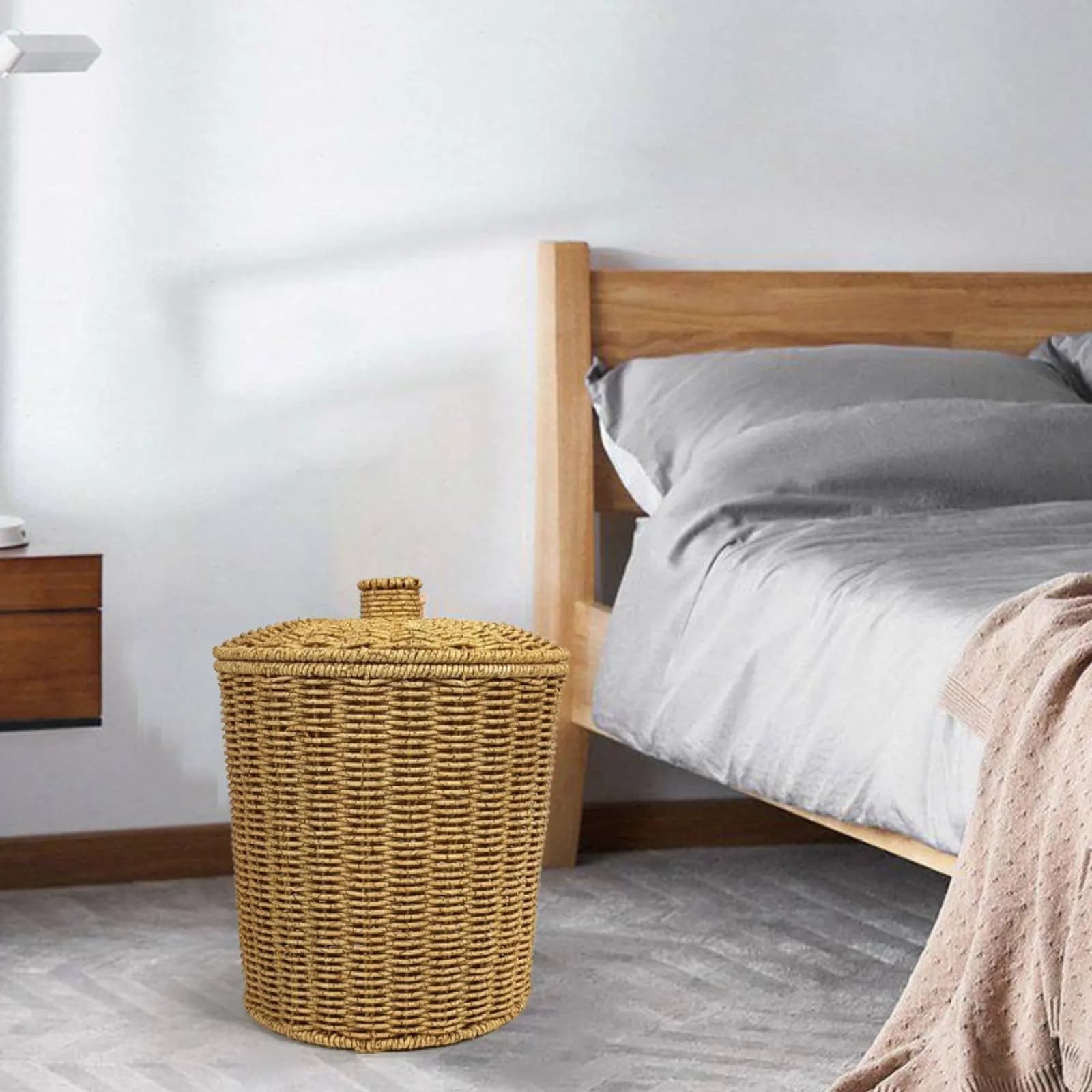 Cestino per rifiuti con coperchio, in rattan intrecciato, contenitore per rifiuti decorativo compatto per ufficio