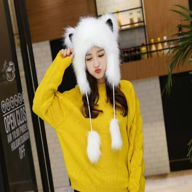 Berretto con orecchie di gatto con coda di volpe - Cappello animale in pelliccia sintetica Kawaii, simpatico accessorio cosplay anime e cappello da festa in costume